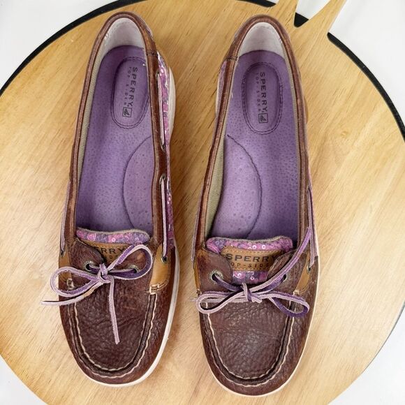 Sperry Angelfish Varsity Leather Floral Sequin Boat Shoe Purple Brown 9.5 - Picture 10 of 11